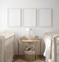 Mock up frame in children room with natural wooden furniture, Farmhouse style interior background