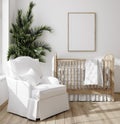 Mock up frame in children room with natural wooden furniture, Farmhouse style interior background Royalty Free Stock Photo