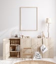 Mock up frame in children room with natural wooden furniture Royalty Free Stock Photo