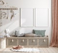 Mock up frame in children room with natural wooden furniture