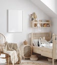 Mock up frame in children room with natural wooden furniture