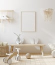 Mock up frame in children room with natural wooden furniture, Scandinavian style interior background