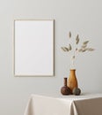 Mock up frame close up with dry grass in vase on table, Scandinavian style