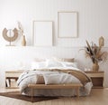 Mock up frame in cozy home interior background, coastal style bedroom Royalty Free Stock Photo