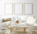 Mock up frame in cozy home interior background, coastal style living room Royalty Free Stock Photo