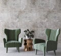 Mock up frame in cozy home interior, green armchairs on Boho background