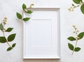 Mock up frame and dried flowers, herbarium on a white concrete background. Royalty Free Stock Photo