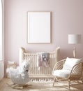 Mock up frame in girl nursery with natural wooden furniture Royalty Free Stock Photo