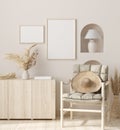 Mock up frame in home interior background, beige room with natural wooden furniture Royalty Free Stock Photo