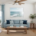Mock up frame in home interior background coastal style living room with marine decor Royalty Free Stock Photo