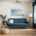 Mock up frame in home interior background coastal style living room with marine decor Royalty Free Stock Photo