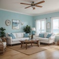 Mock up frame in home interior background coastal style living room with marine decor Royalty Free Stock Photo