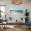 Mock up frame in home interior background coastal style living room with marine decor Royalty Free Stock Photo