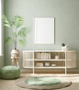 Mock up frame in home interior background, pastel green room with natural wooden furniture