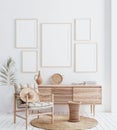 Mock up frame in home interior background, white room with natural wooden furniture, Scandi-Boho style Royalty Free Stock Photo