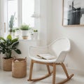 Mock up frame in home interior background, white room with natural wooden furniture, Scandi-Boho style, Royalty Free Stock Photo