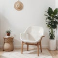 Mock up frame in home interior background, white room with natural wooden furniture, Scandi-Boho style, Royalty Free Stock Photo