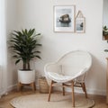 Mock up frame in home interior background, white room with natural wooden furniture, Scandi-Boho style, Royalty Free Stock Photo