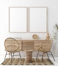 Mock up frame in home interior background, white room with natural wooden furniture, Scandi-Boho style Royalty Free Stock Photo