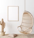 Mock up frame in home interior background, white room with natural wooden furniture, Scandi-Boho style Royalty Free Stock Photo