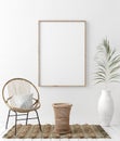 Mock up frame in home interior background, white room with natural wooden furniture, Scandi-Boho style Royalty Free Stock Photo