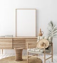 Mock up frame in home interior background, white room with natural wooden furniture, Scandi-Boho style Royalty Free Stock Photo