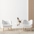 Mock up frame in home interior background, white room with natural wooden furniture, Scandi-Boho style