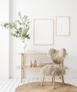 Mock up frame in home interior background, white room with natural wooden furniture, Scandi-Boho style Royalty Free Stock Photo