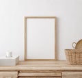 Mock up frame in home interior background, white room with natural wooden furniture, Scandi-Boho style Royalty Free Stock Photo