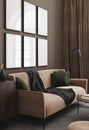 Mock-up frame in home interior with modern brown sofa, table and decor