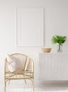 Mock up frame in home interior with rattan furniture, Scandi-boho style Royalty Free Stock Photo