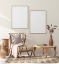 Mock up frame in home interior with rattan furniture, Scandi-boho style