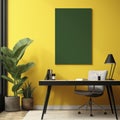 Mock up frame in interior background, black wooden office on Yellow wall, 3d render, 3d illustration, Generative AI Royalty Free Stock Photo