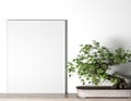 Mock up frame interior in white background, small plant, modern style