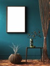 Mock-up frame in living room with rope curtains and bouquet of branch on table