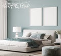 Mock up frame in luxury bright bedroom design, modern white bed and elegant home accessories