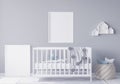 Mock up frame in newborn bedroom, two white frames on gray background interior