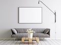 Mock up frame poster in scandinavian style livingroom with fabric sofa, lamp and plant in bucket on white wall background.