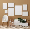 Mock up frames with Christmas decor near plywood wall, Christmas interior background