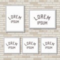 5 mock up frames on light brick wall, vector illustration, 3X4, 4X3, square