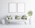 Mock up frames in living room interior with white sofa on white brick wall, Scandinavian style