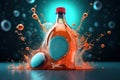 A mock-up of a glass bottle with a blue oval label, splashes and drops of red liquid on a dark table. A transparent bottle with a Royalty Free Stock Photo