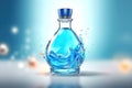 A mock-up of a glass bottle with a blue oval label, splashes and drops of red liquid on a dark table Royalty Free Stock Photo