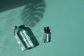 Mock up of a glass bottle and dropper bottle. Body and spa treatments. Natural beauty products. Eco cream, serum, empty bottle for