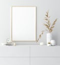 Mock up golden frame in white interior with simple modern decor, Scandinavian style