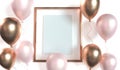 Mock up golden picture frame. Colorful balloons next to golden picture frame in front of wall. 3D Rendering. Party banner design Royalty Free Stock Photo