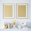 Mock up golden poster frame in interior background with decor