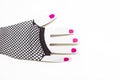 mock-up of a hand with a black accessory - a mesh oversleeve. Royalty Free Stock Photo