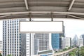 Mock up hanging white rectangle billboard at footbridge with cityscape background Royalty Free Stock Photo