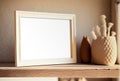 Mock up horizontal frame close up in home interior background, stands on the shelf